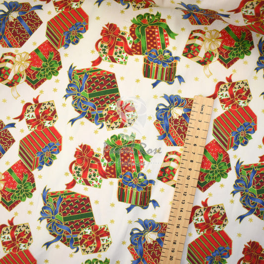 Metallic Christmas Presents 100% cotton fabric by half metre | 140cm wide