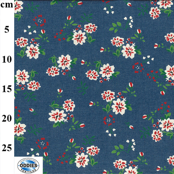 Roter Denim-Stoff mit Blumenmuster, Meterware | 147 cm breit