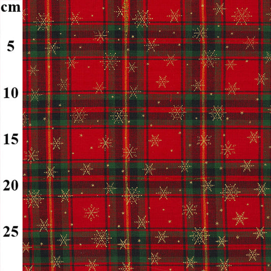 Metallic tartan Snowflakes Stars 100% cotton fabric by half metre John Louden | 110cm wide