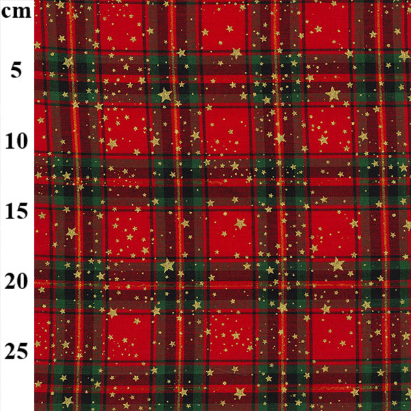 Metallic tartan Snowflakes Stars 100% cotton fabric by half metre John Louden | 110cm wide