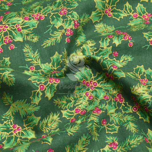 Christmas Metallic Vintage Holly 100% cotton fabric by half metre | 140cm wide