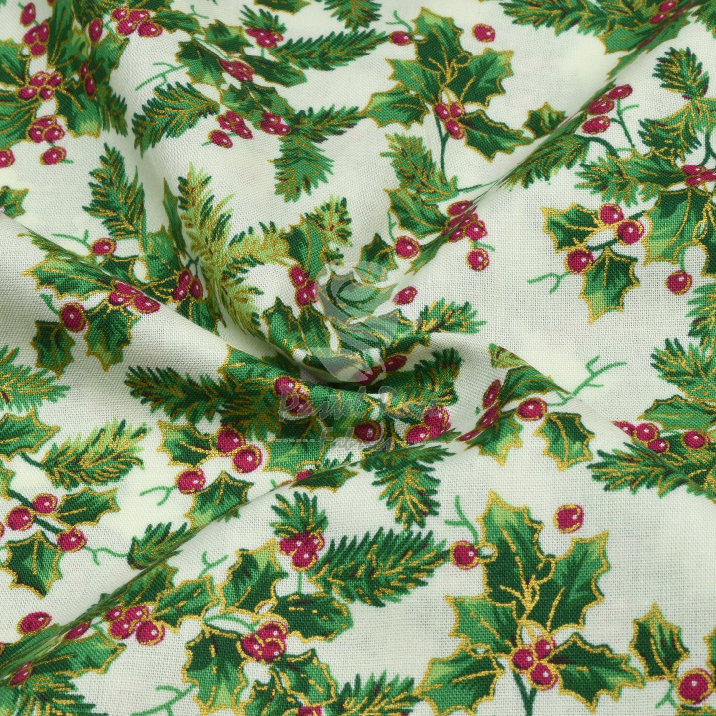 Weihnachtsstoff „Metallic Vintage Holly“, 100 % Baumwolle, pro halben Meter, 140 cm breit