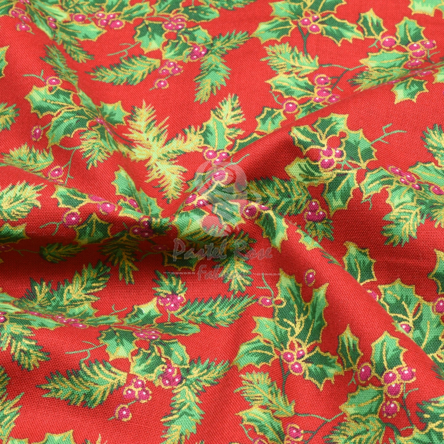 Weihnachtsstoff „Metallic Vintage Holly“, 100 % Baumwolle, pro halben Meter, 140 cm breit