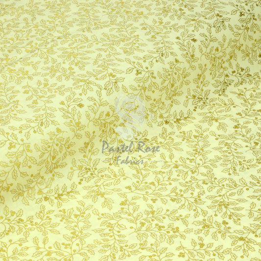 Christmas Metallic Gold Holly 100% cotton fabric by half metre | 140cm wide