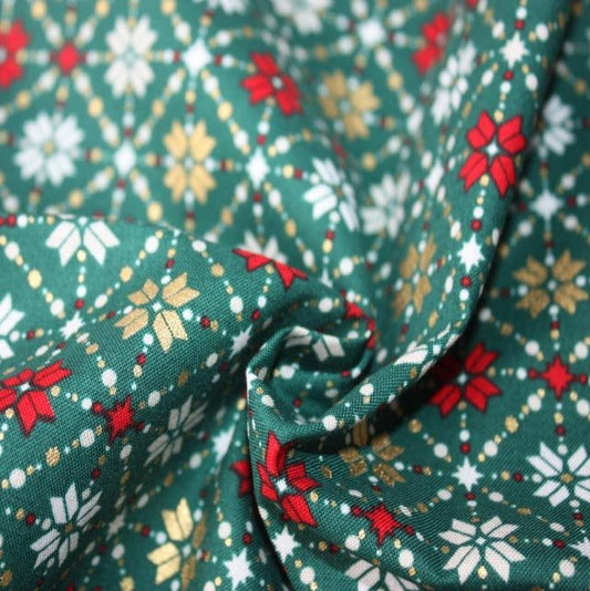 Christmas Metallic Snowflakes Fair Isle 100% cotton fabric by half metre | 140cm wide