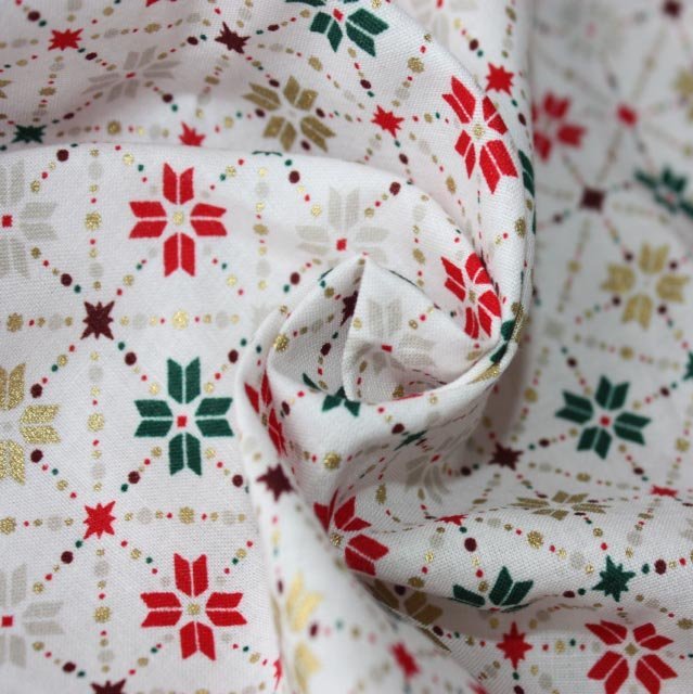 Weihnachtlicher Fair Isle-Stoff mit metallischen Schneeflocken, 100 % Baumwolle, pro halben Meter, 140 cm breit