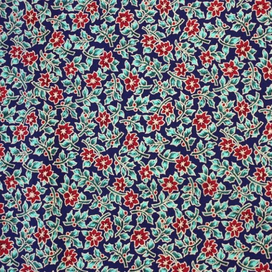 Christmas Metallic Mini Poinsettia 100% cotton fabric by half metre | 140cm wide