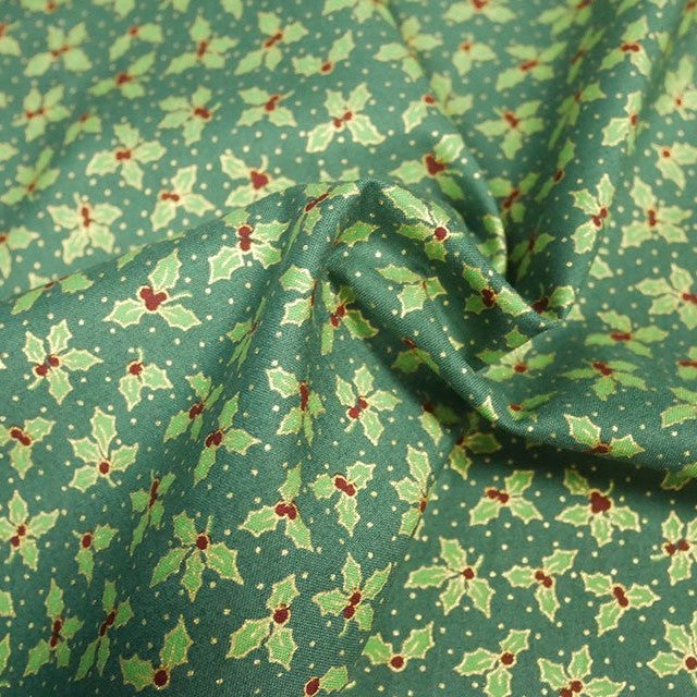 Weihnachtsstoff „Winterberry Holly“ aus 100 % Baumwolle, metallisch, pro halben Meter, 140 cm breit