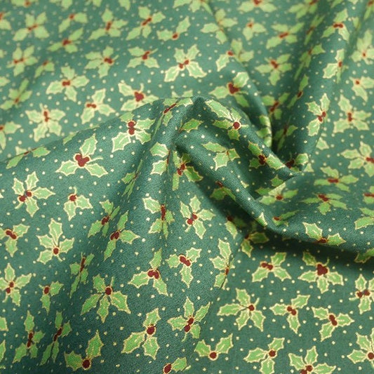 Christmas Metallic Winterberry Holly 100% cotton fabric by half metre | 140cm wide