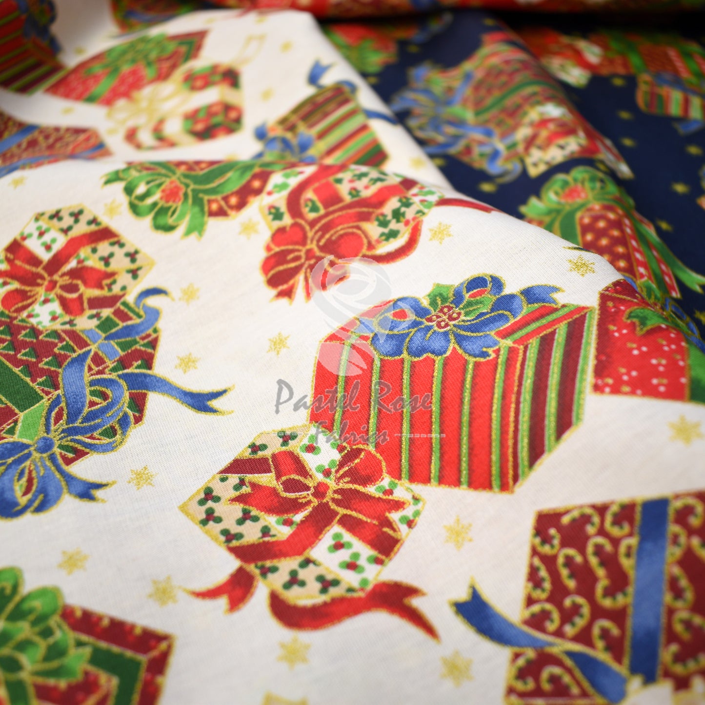 Metallic Christmas Presents 100% cotton fabric by half metre | 140cm wide