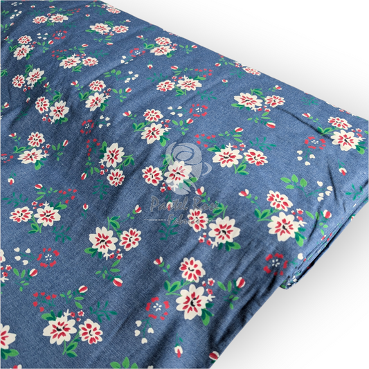 Red Floral Denim fabric by the metre | 147cm wide