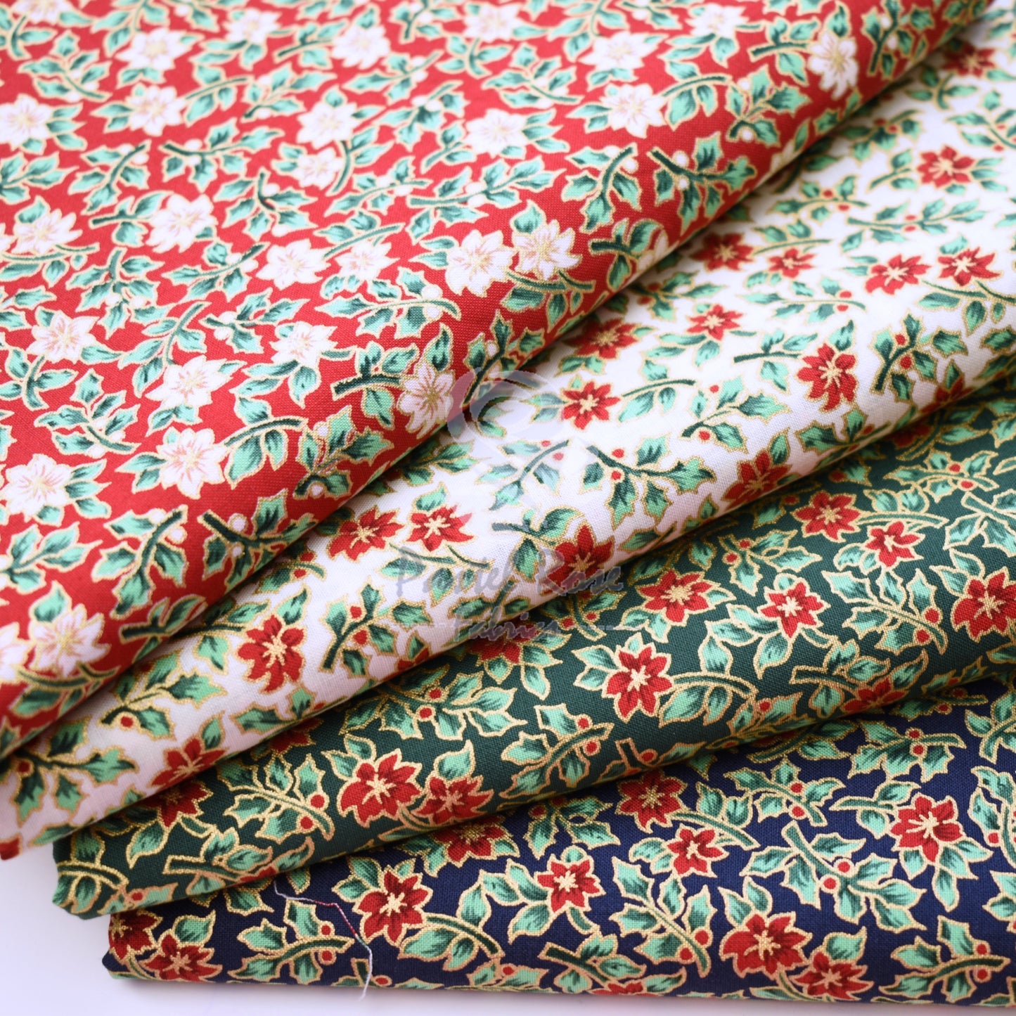 Christmas Metallic Mini Poinsettia 100% cotton fabric by half metre | 140cm wide