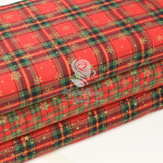 Metallic tartan Snowflakes Stars 100% cotton fabric by half metre John Louden | 110cm wide