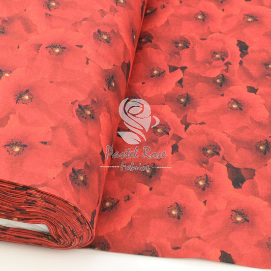Digital Print Poppies Red 100% cotton fabric by half metre | 147cm wide