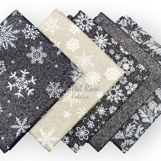 Glitter Snowflakes Navy 5 Fat Quarters Bundle 100% cotton John Louden