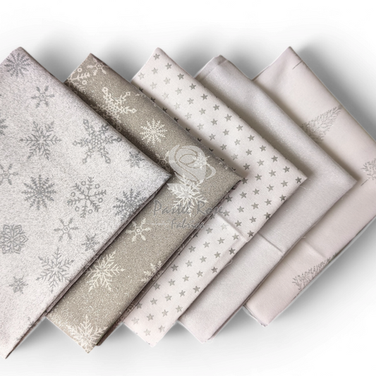 Glitter Snowflake White 5 Fat Quarters Bundle 100% cotton John Louden
