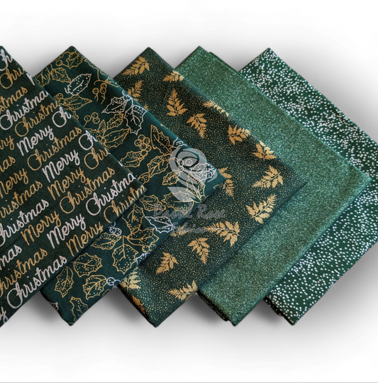 Merry Christmas Green 5 Fat Quarters Bundle 100% cotton John Louden
