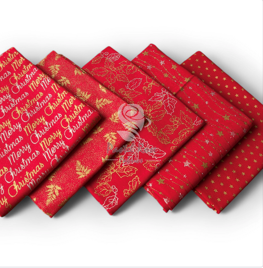 Merry Christmas Red 5 Fat Quarters Bundle 100% cotton John Louden