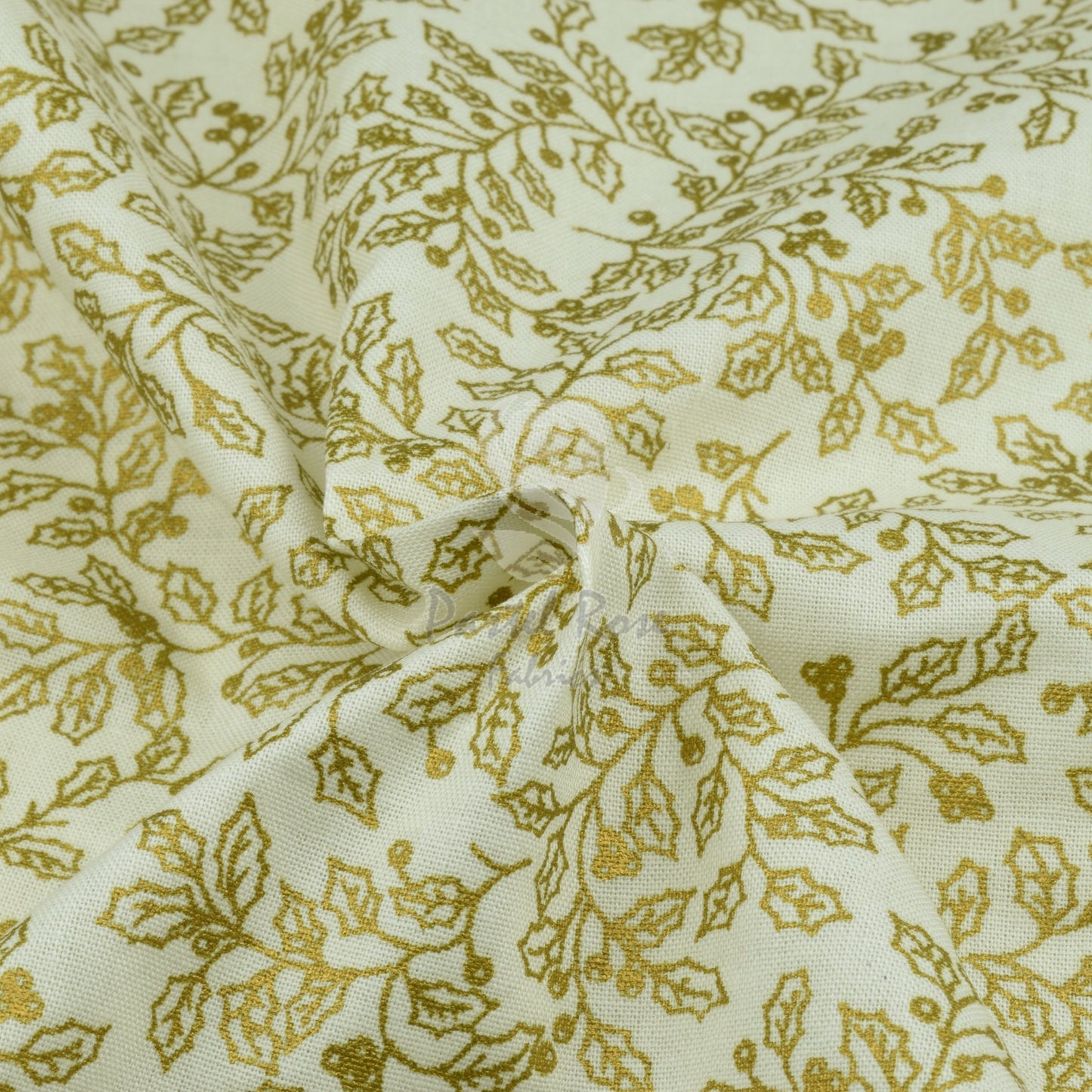Christmas Metallic Gold Holly 100% cotton fabric by half metre | 140cm wide