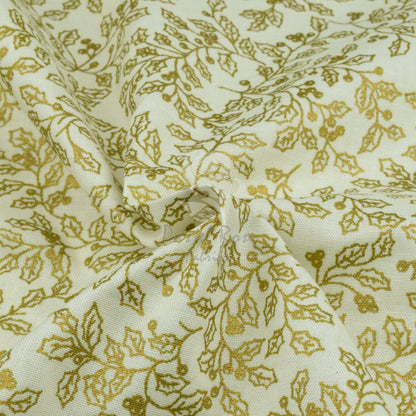 Christmas Metallic Gold Holly 100% cotton fabric by half metre | 140cm wide