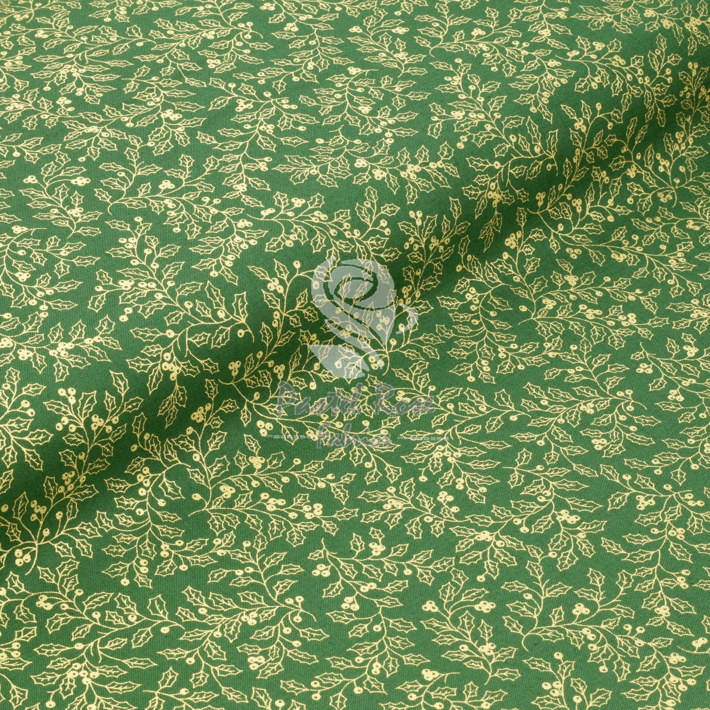 Christmas Metallic Gold Holly 100% cotton fabric by half metre | 140cm wide
