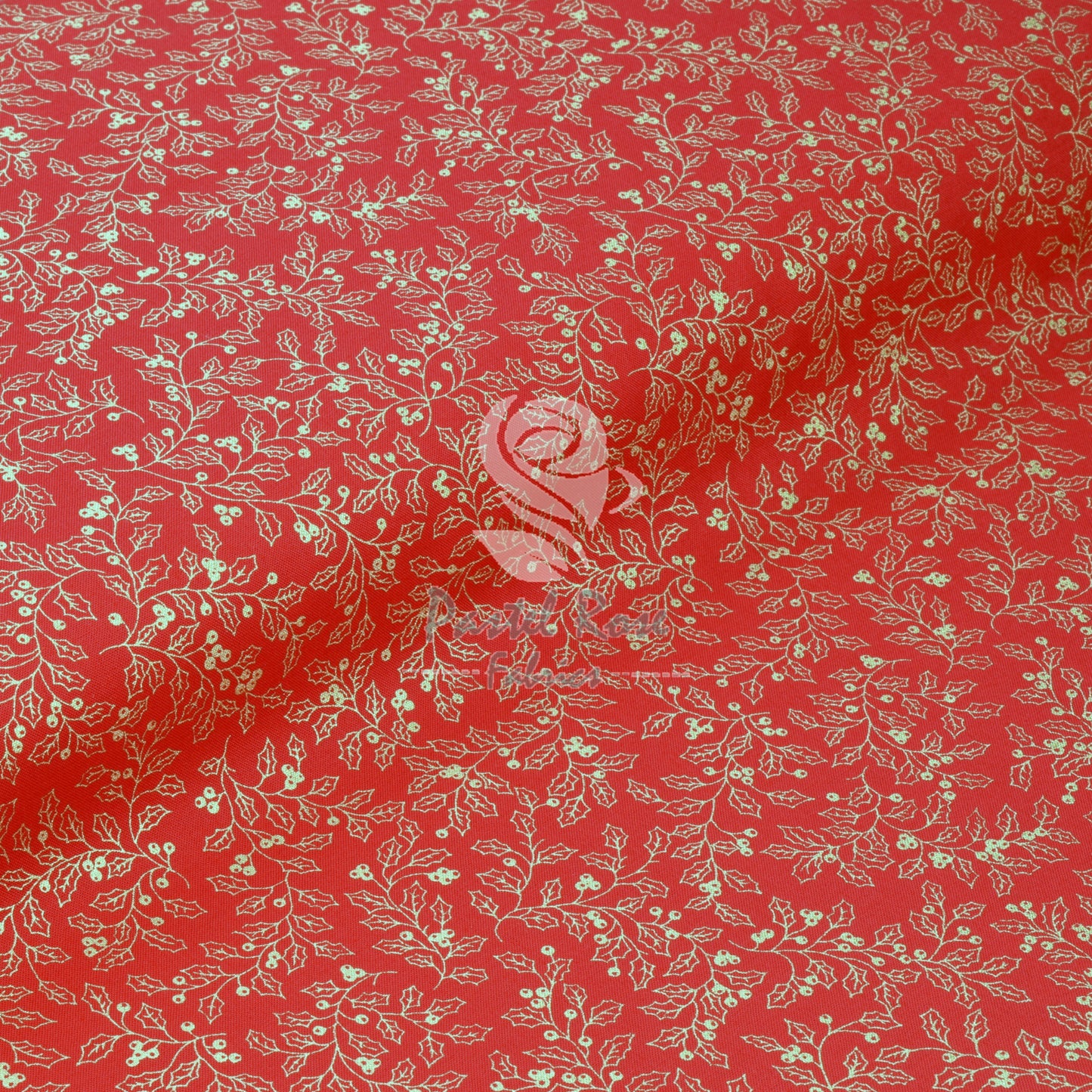Christmas Metallic Gold Holly 100% cotton fabric by half metre | 140cm wide