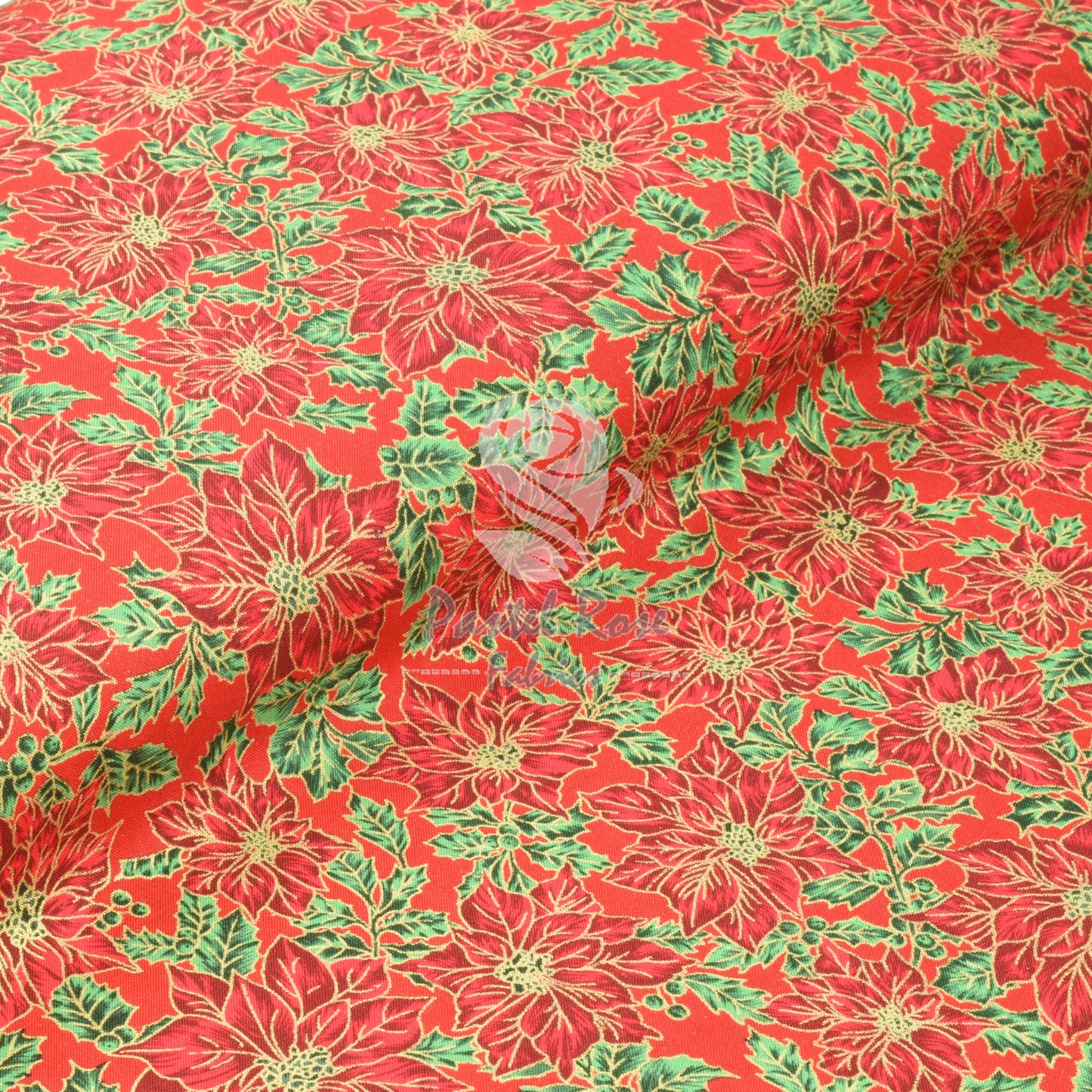 Christmas Metallic Poinsettia 100% cotton fabric by half metre | 140cm wide